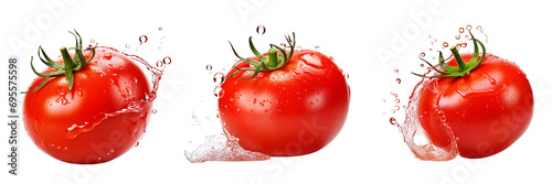 Set of fresh red tomato with water drop and without isolated on white or transparent background photo
