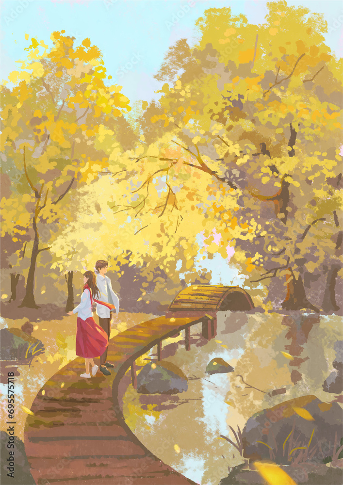Fototapeta premium Anime couple in wooden bridge on the lake original digital art