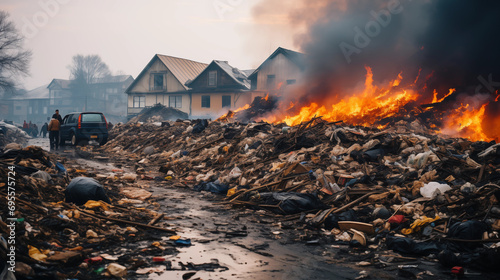 city on fire with garbage and pollution photo
