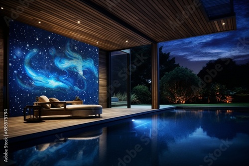 A contemporary backyard with a pool and an overhanging digital sky screen, displaying a night sky with shooting stars creating 3D intricate, cosmic patterns, starry serenade