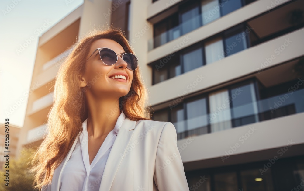Property manager woman in front of a modern apartment house Property manager woman in front of a modern apartment house