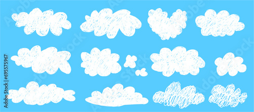 Simple scribble white clouds set. Cute and kawaii elements collection on blue bg like a png. Vector naive art illustration. photo