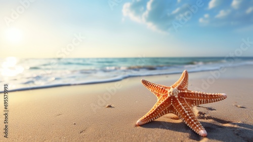 Travel vacation ideas include a starfish on a sunny beach in the ocean backdrop.