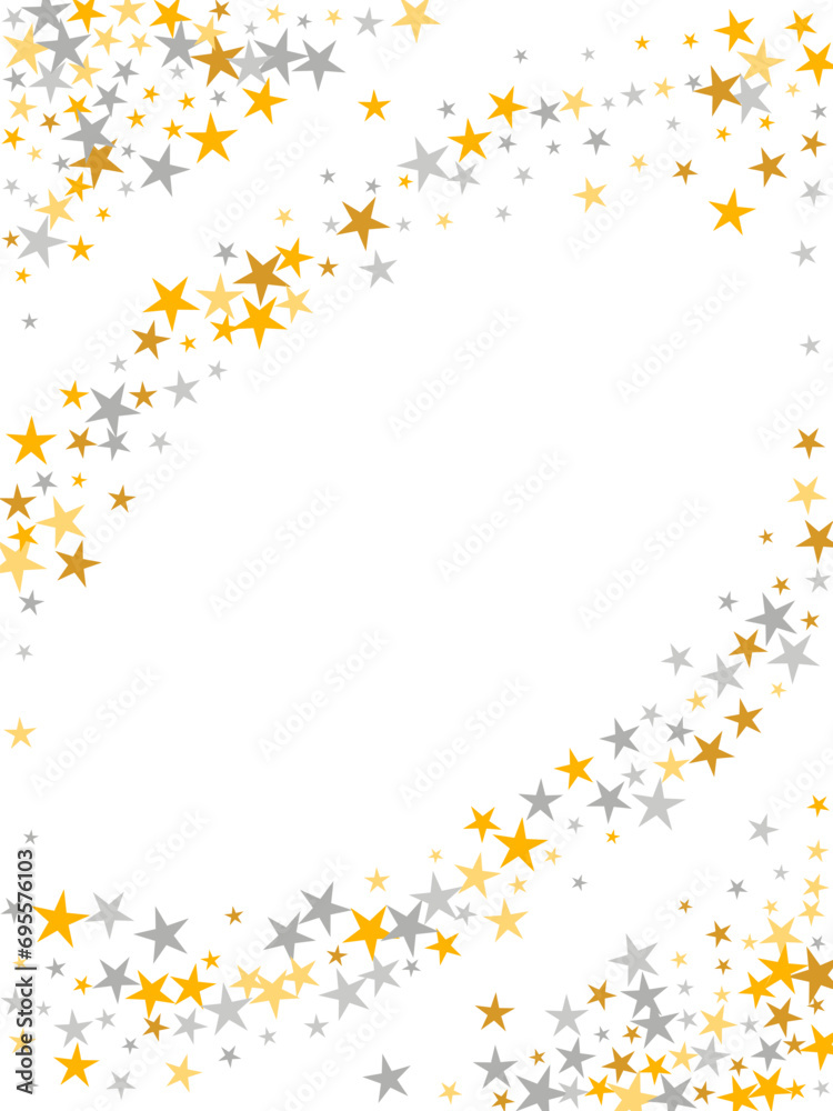 Minimal silver and gold stars magic scatter texture. Many stardust spangles holiday decoration confetti. Isolated stars magic background. Spangle particles gift decor.