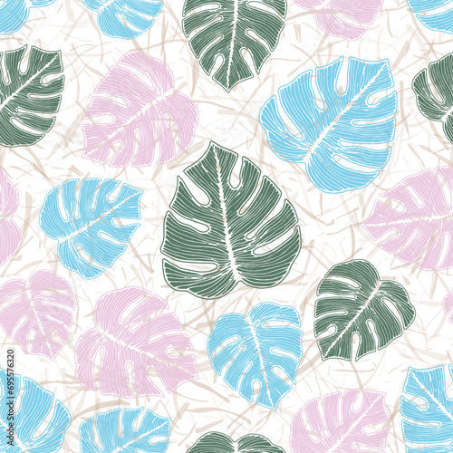 Philodendron jungle leaves floral seamless rapport over noisy background.