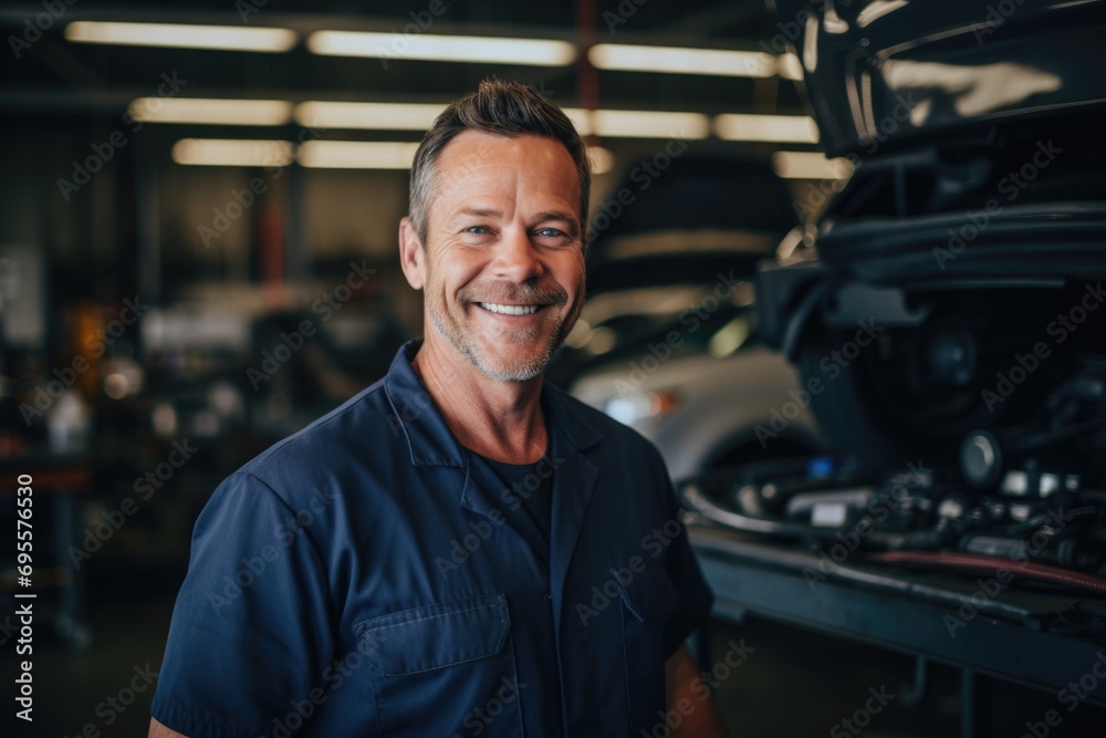 Portrait of a middle aged car mechanic in repair shop Portrait of a middle aged car mechanic in repair shop