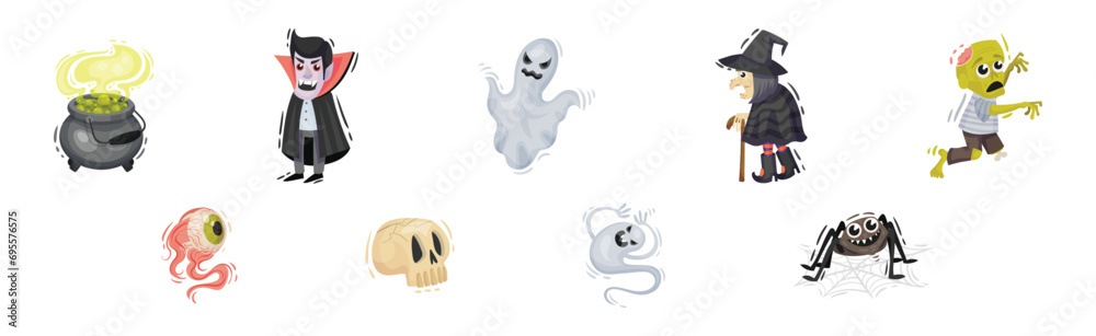 Halloween with Zombie, Ghost, Vampire, Cauldron and Witch Vector Set