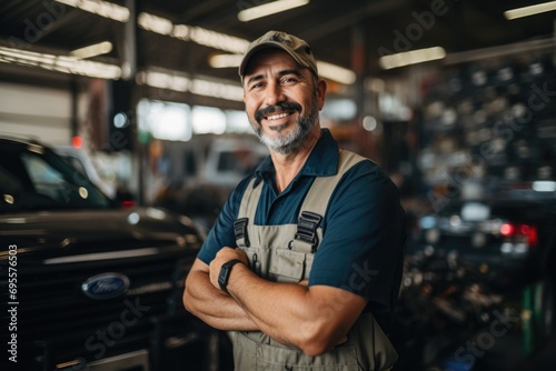 Portrait of a middle aged car mechanic in repair shop