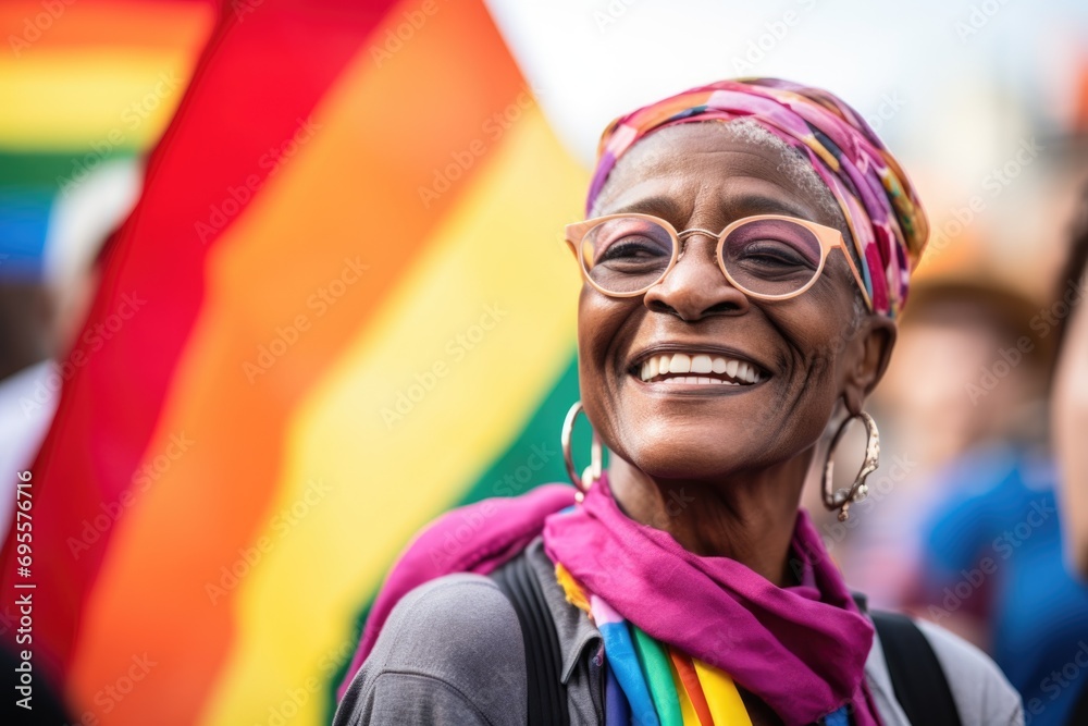 Smiling portrait of a senior woman at the pride parade
