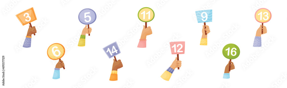 Numbers in Raised Up Hands as Numeric Scorecard for Judge Competition Vector Set Numbers in Raised Up Hands as Numeric Scorecard for Judge Competition Vector Set