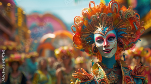 A vibrant carnival parade with colorful floats.