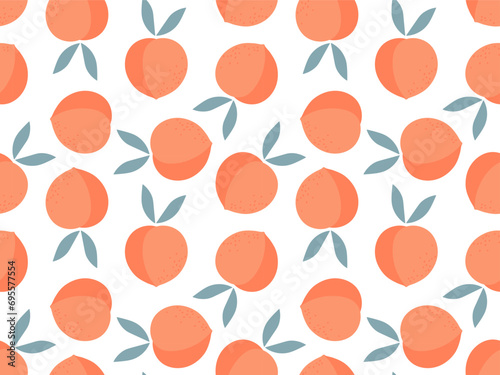 Seamless pattern with peach fruit. Fruit with peach leaves. Organic tropical food template for wallpaper, wrapping paper, textile, scrapbooking. Healthy sweet fruit. Repeated Vector illustration