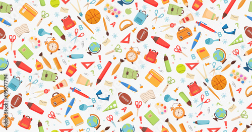 Seamless pattern with school supplies.School and education seamless pattern.Back to school  pattern. Study tools background. School sports.Isolated on white background.Vector flat illustration.