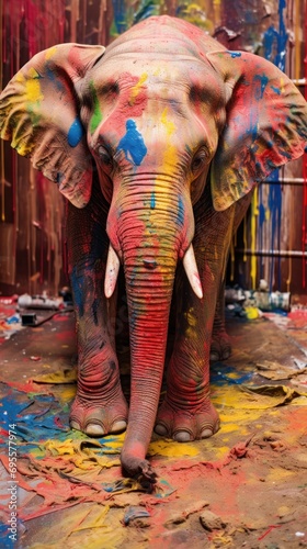  an elephant with paint all over it's face and trunk, standing in front of a fence with paint all over it's face and trunk and trunk.