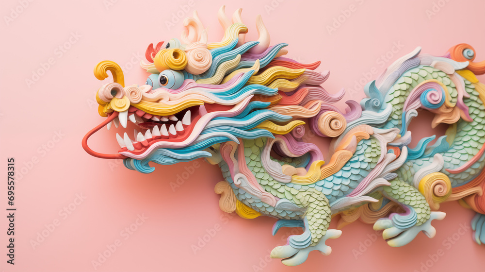 colorful wooden dragon chinese new year 2024, pastel colors pink background 