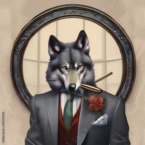 A portrait of a suave wolf in a tailored suit and tie, smoking a pipe1 photo