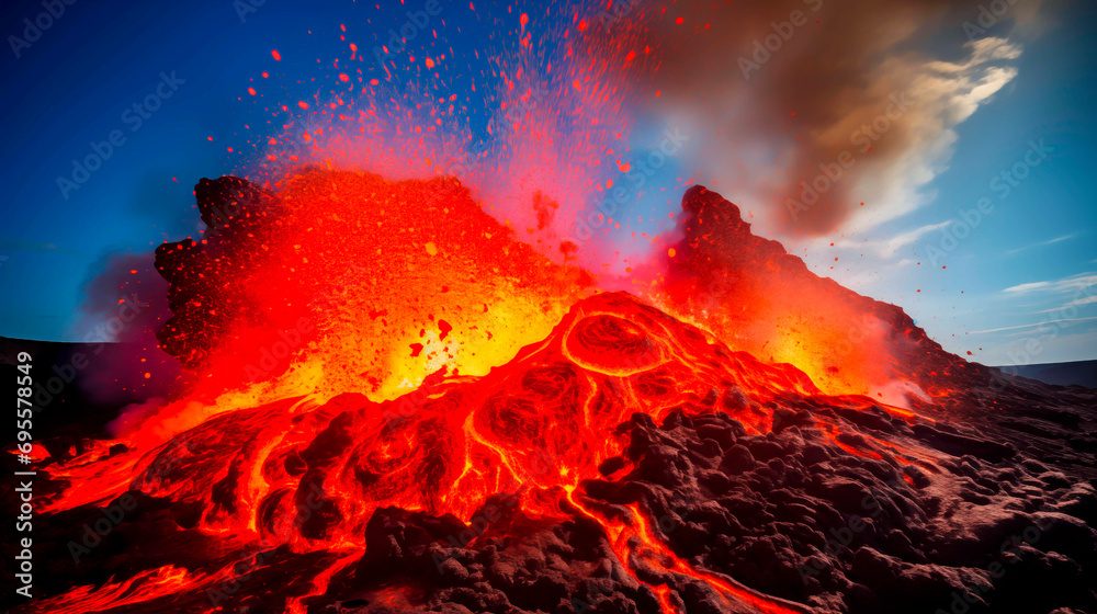 Dramatic volcanic eruption with lava or hot magma spewing into the air. 
