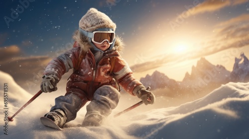 little boy having fun in the snow skiing photo