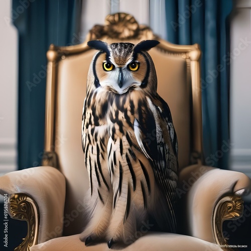 A portrait of an elegant owl in a velvet gown and pearls, sitting in a grand chair1 photo