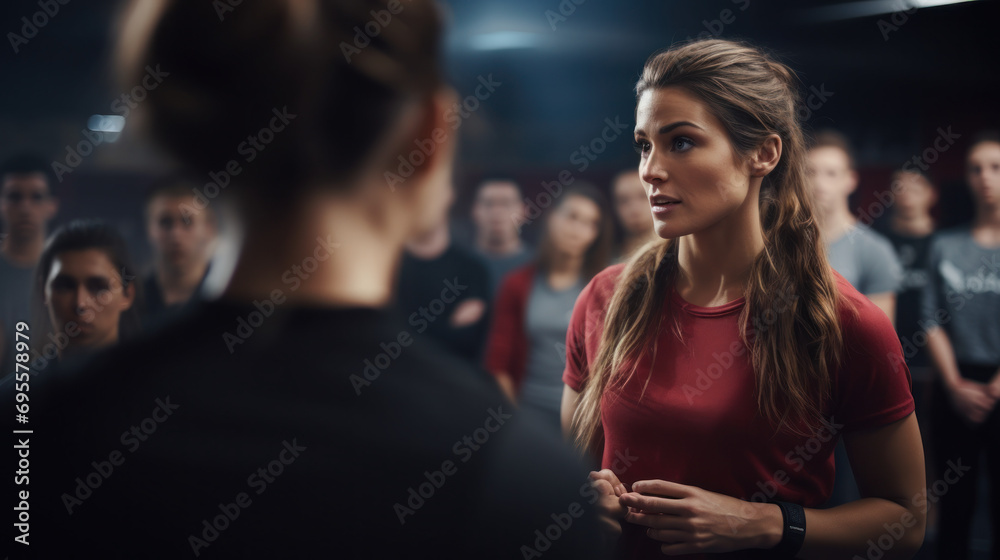 A woman teaching a self-defense class emphasizing empowerment.