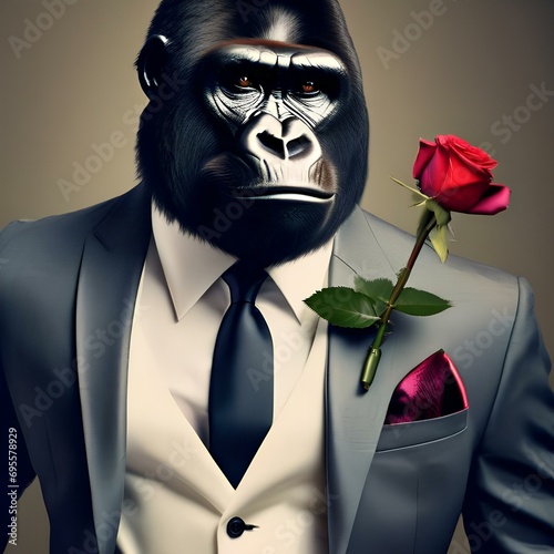 A portrait of a suave gorilla in a tailored suit and tie, holding a rose1 photo