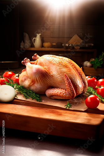 Whole Chicken on Wooden Board photo