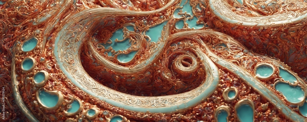 a close up of a gold and turquoise colored abstract painting
