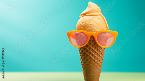 Summer creative layout with ice cream cone and sunglasses on pastel background. 80s or 90s retro fashion aesthetic ice cream concept. Minimal summer idea. Blue sunny holiday sky. Copy space