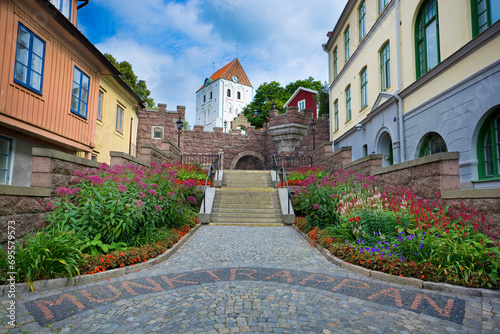 Monks stairs with Heliga Kors church in the background, Ronneby, Sweden