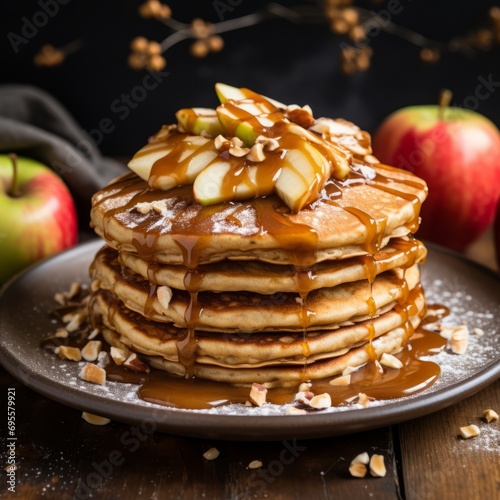 A stack of freshly baked vegan pancakes topped with peanut butter and apple slices. Close up