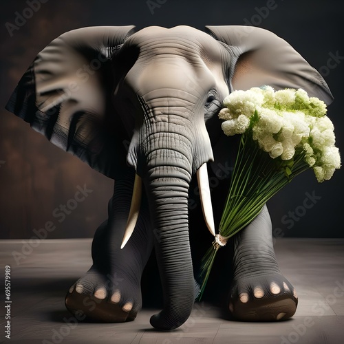 A portrait of a suave elephant in a tailored suit and tie, holding a bouquet1 photo