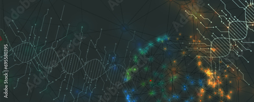 Abstract artificial intelligence DNA technology. Science and social concept. Futuristic connection structure with cell background