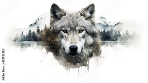 A watercolor painting of a wolf with a mountain in the background photo