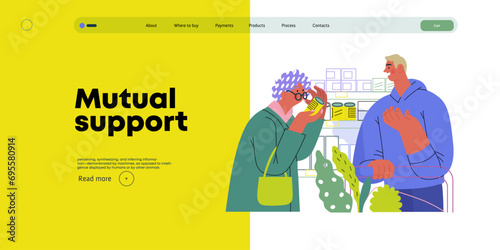 Mutual Support: Helping a visually impaired person -modern flat vector concept illustration of man offering to read label for woman in supermarket A metaphor of voluntary, collaborative exchanges