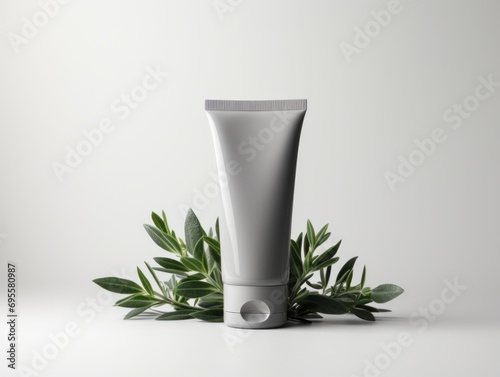 a tube of toothpaste on a white background next to a plant