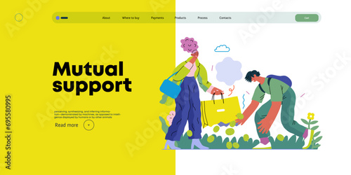 Mutual Support: Pick up fallen item -modern flat vector concept illustration of man collecting fruits that fell from woman's bag A metaphor of voluntary, collaborative exchanges of resource, services