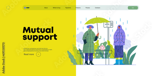 Mutual Support: Offer an umbrella to a stranger -modern flat vector concept illustration of a at a bus stop in the rain offering an umbrella A metaphor of voluntary, collaborative exchanges