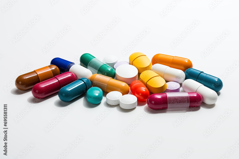 Colorful pills isolated on white background. Focus on foreground, soft bokeh. Colorful pills isolated on white background. Focus on foreground, soft bokeh.