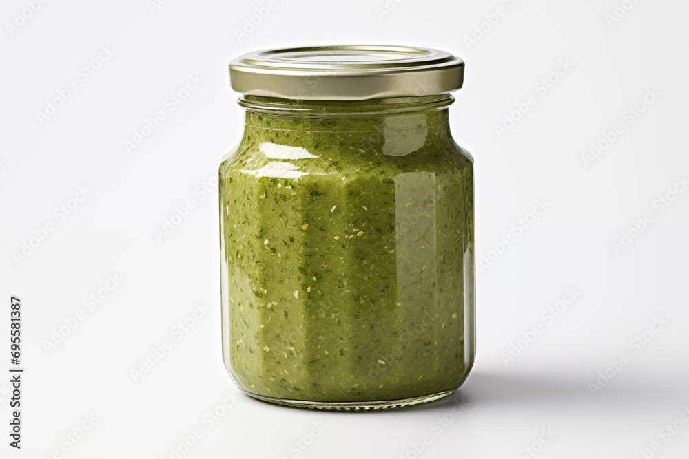 Green pesto sauce in a glass jar isolated on white background. Close up mockup Green pesto sauce in a glass jar isolated on white background. Close up mockup