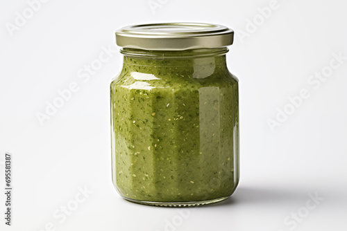 Green pesto sauce in a glass jar isolated on white background. Close up mockup