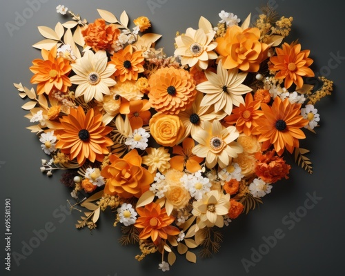an orange background has flowers arranged in a heart shape on it