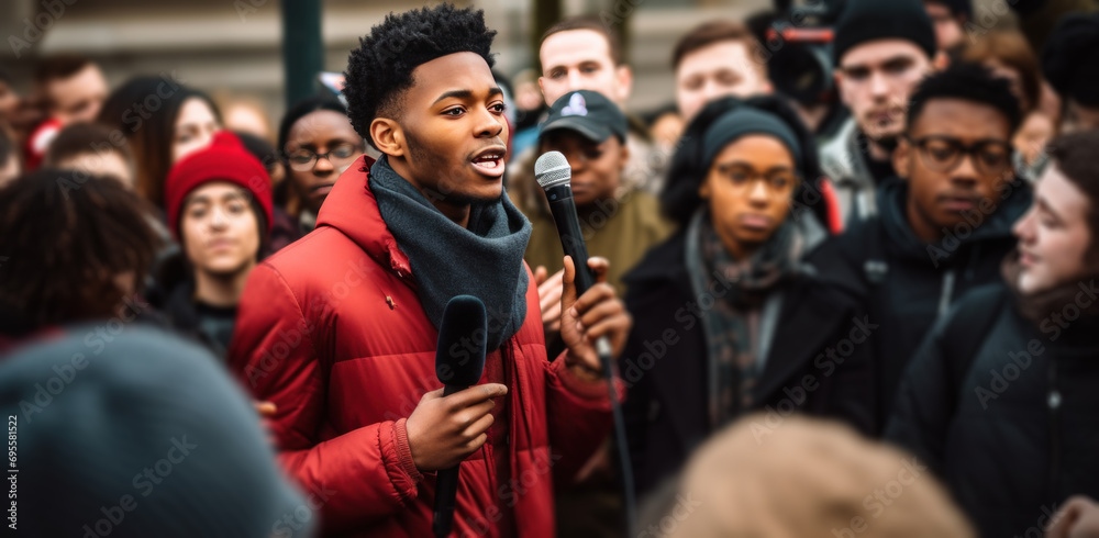 a young black man with microphones talking to a crowd