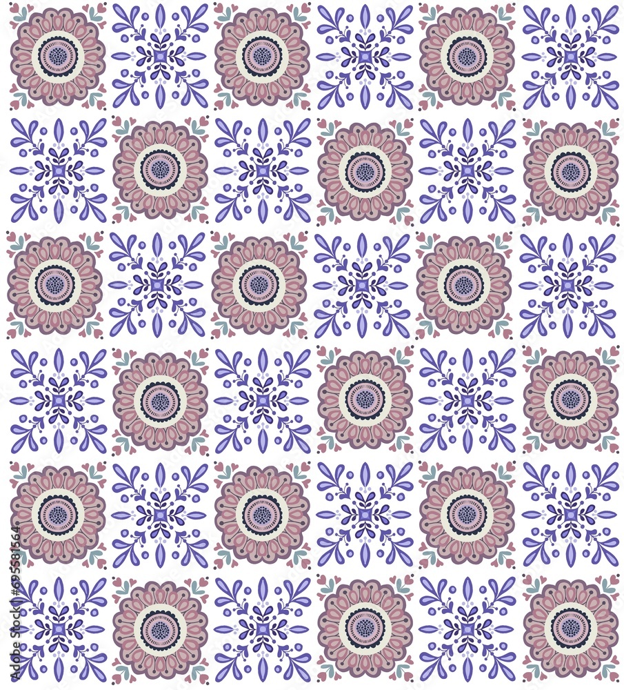Seamless geometric flower pattern in pink and lavender colour