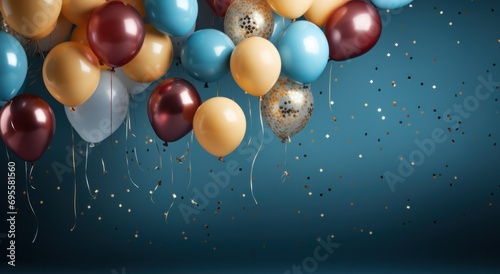 colorful balloons floating on blue background