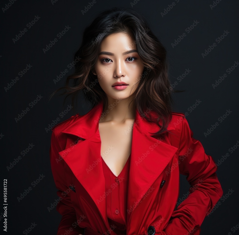 asian model in red jacket posing. background dark  studio