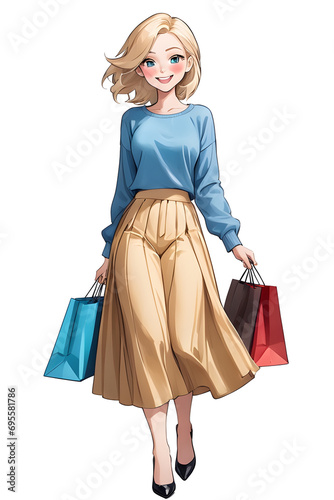 anime girl shopping smiling and happy. Anime style, illustration.