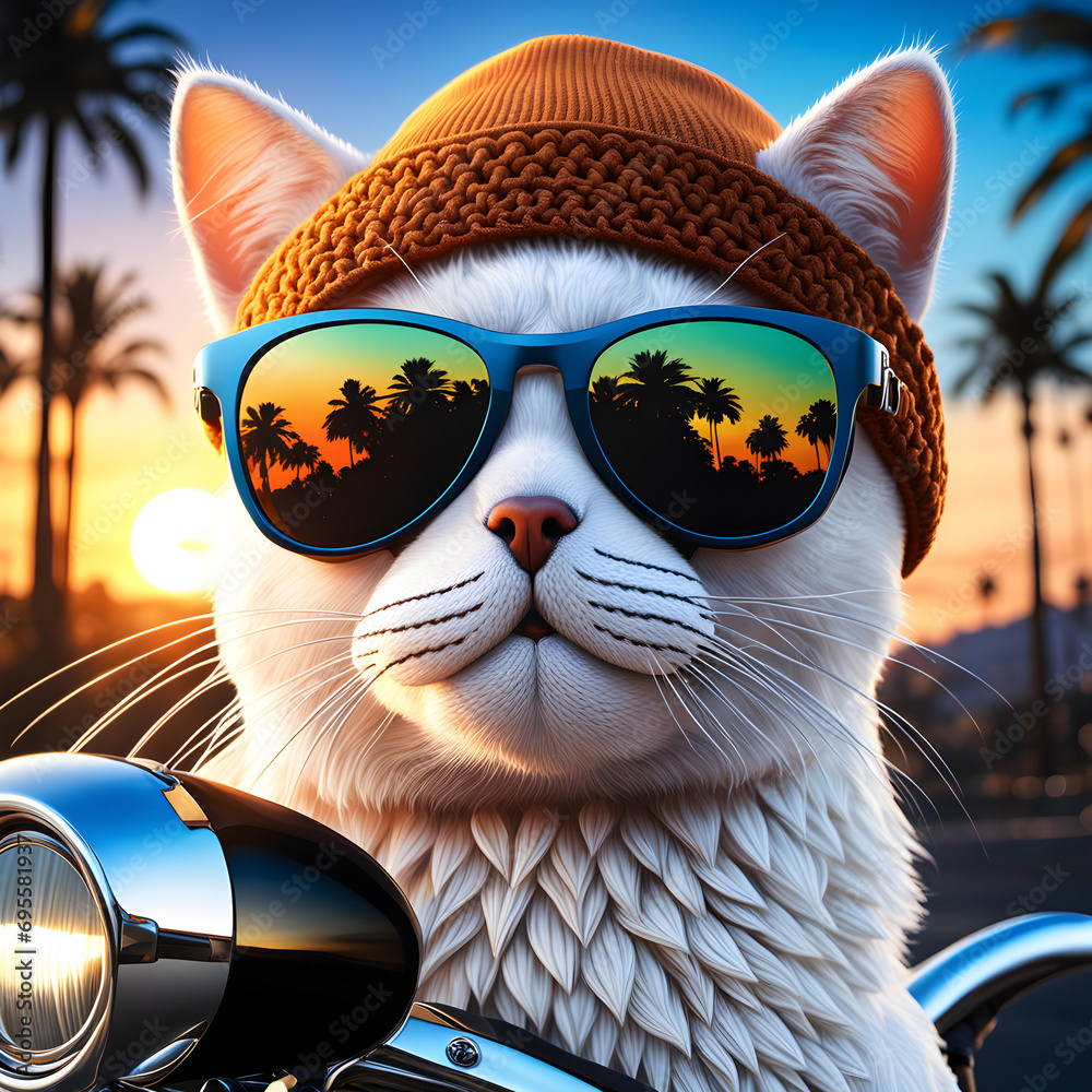 Attractive portrait of a cat wearing winter cap, glasses, riding bike