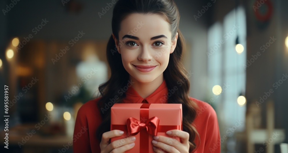 a woman holding red present with her hands a woman holding red present with her hands