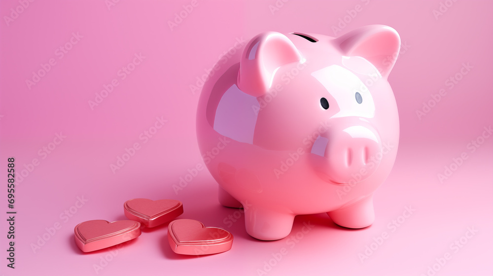 pink piggybank on a table with coins, festive holiday christmas scene in the background, copy space for writing text	
