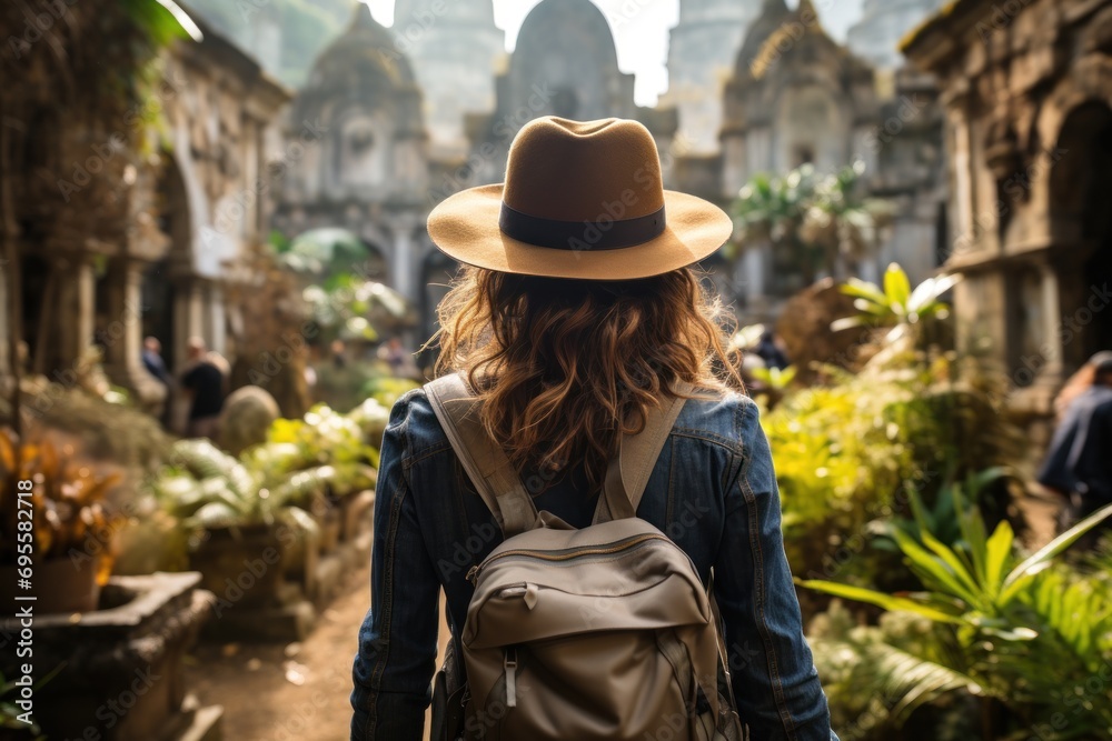  a woman with a backpack and a hat walking through a garden filled with plants and people in the back ground of an old building with a clock tower in the background.